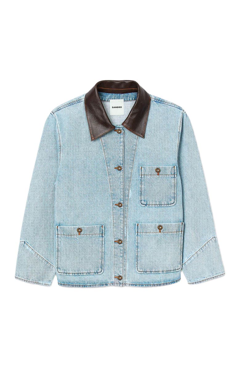 SANDRO Denim jacket with leather collar, Alternate, color,