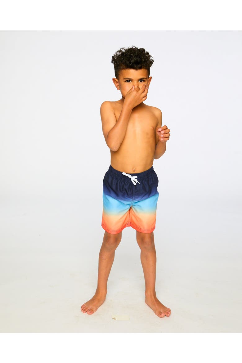 Above the Knee Elastic Waist Gradient Swim Trunks, Alternate, color, Blue and Orange Gradient