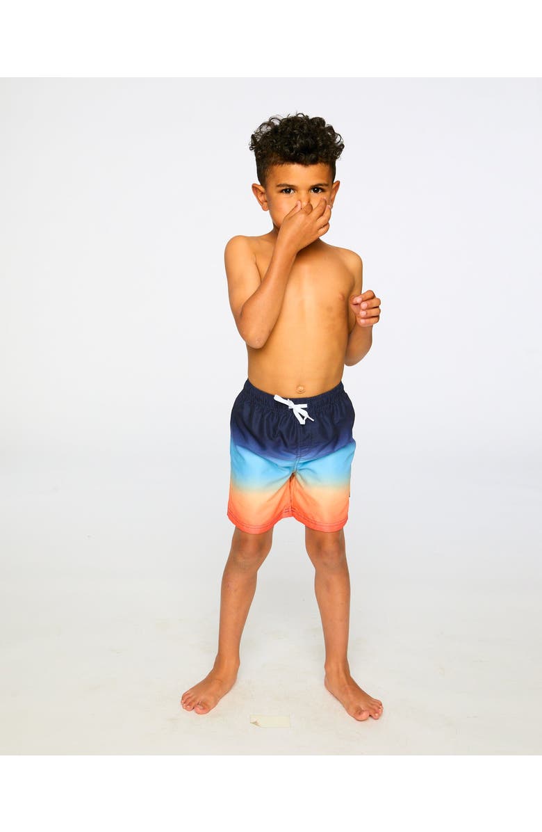 Deux par Deux Above the Knee Elastic Waist Gradient Swim Trunks, Alternate, color, Blue And Orange Gradient