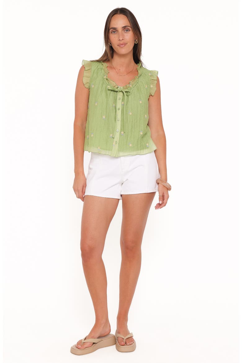 Lumi Embroidery Detail Ruffle Neck Button-Up Top, Alternate, color, GREEN