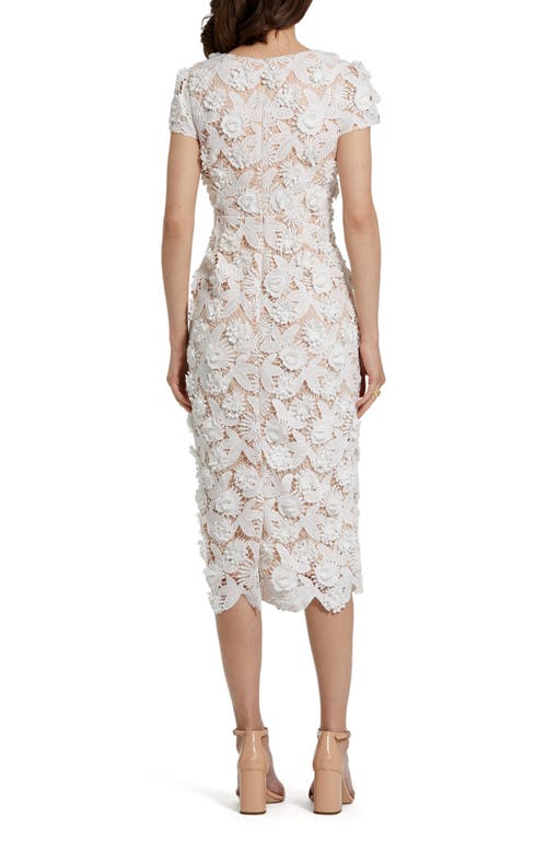Mac Duggal Lace 3d Flower Fitted Short Sleeve Midi Dress In Ivory Nude
