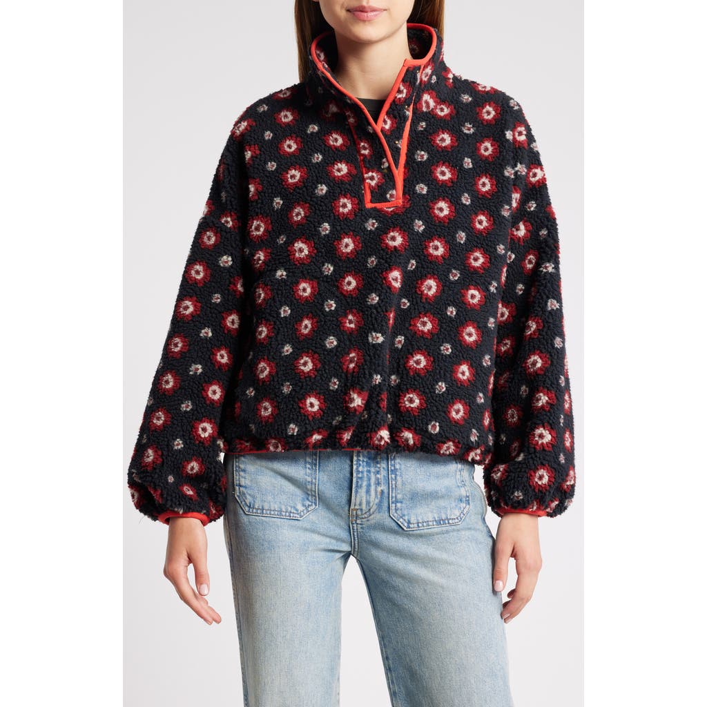 THE GREAT. Countryside High Pile Fleece Pullover in Navy Geo Daisy