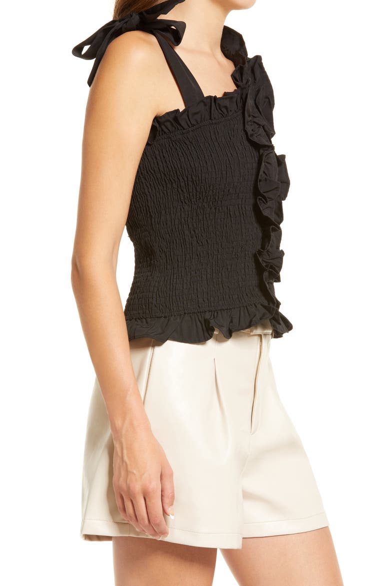 Shirred Asymmetrical Tie Shoulder Top, Alternate, color, BLACK