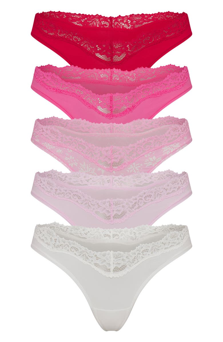 SKIMS Assorted 5-Pack Fits Everybody Lace Dipped Thongs, Alternate, color, 