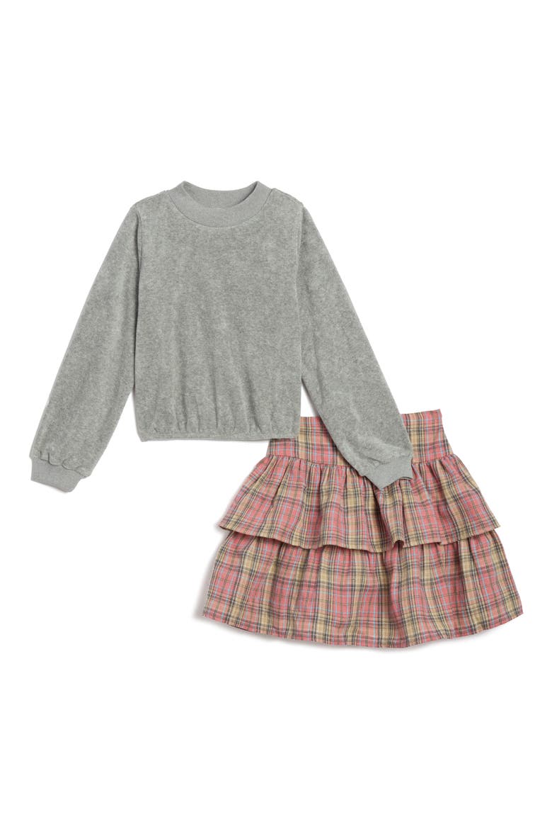 Kids' French Terry Top and Plaid Skirt Set, Main, color, GRAY/ PINK
