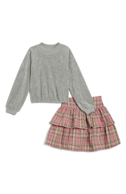 Kids' French Terry Top and Plaid Skirt Set