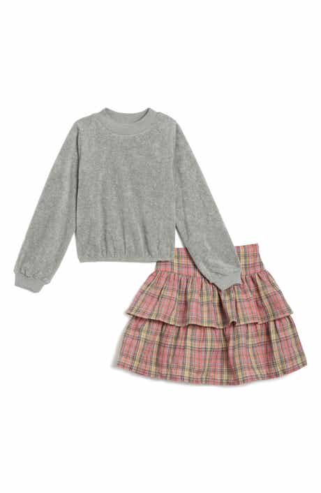 Kids' French Terry Top and Plaid Skirt Set