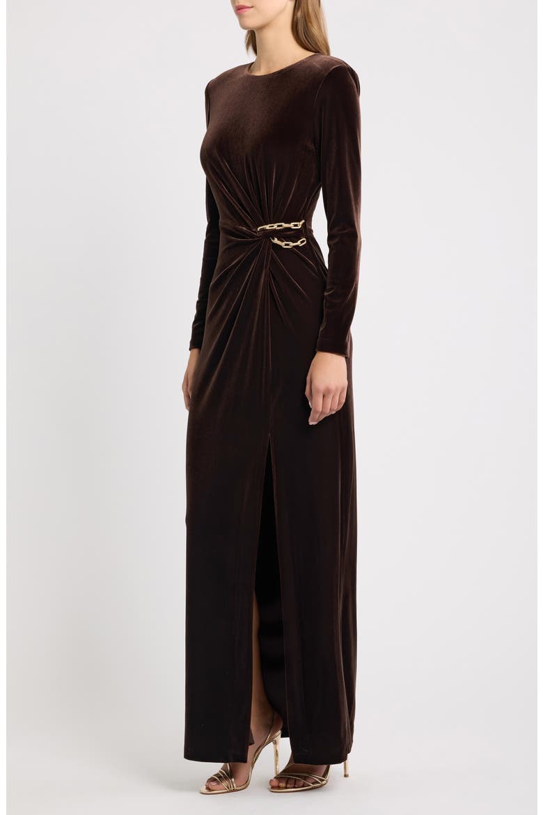 Ruched Long Sleeve Velvet Gown, Alternate, color, CHOCOLATE