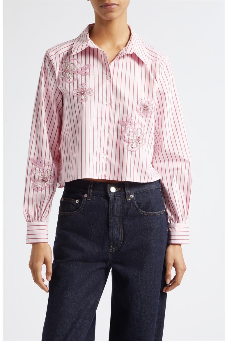 Rose Stripe Beaded Flower Button-Up Shirt, Main, color, COTTON CANDY/ CRIMSON PLUM