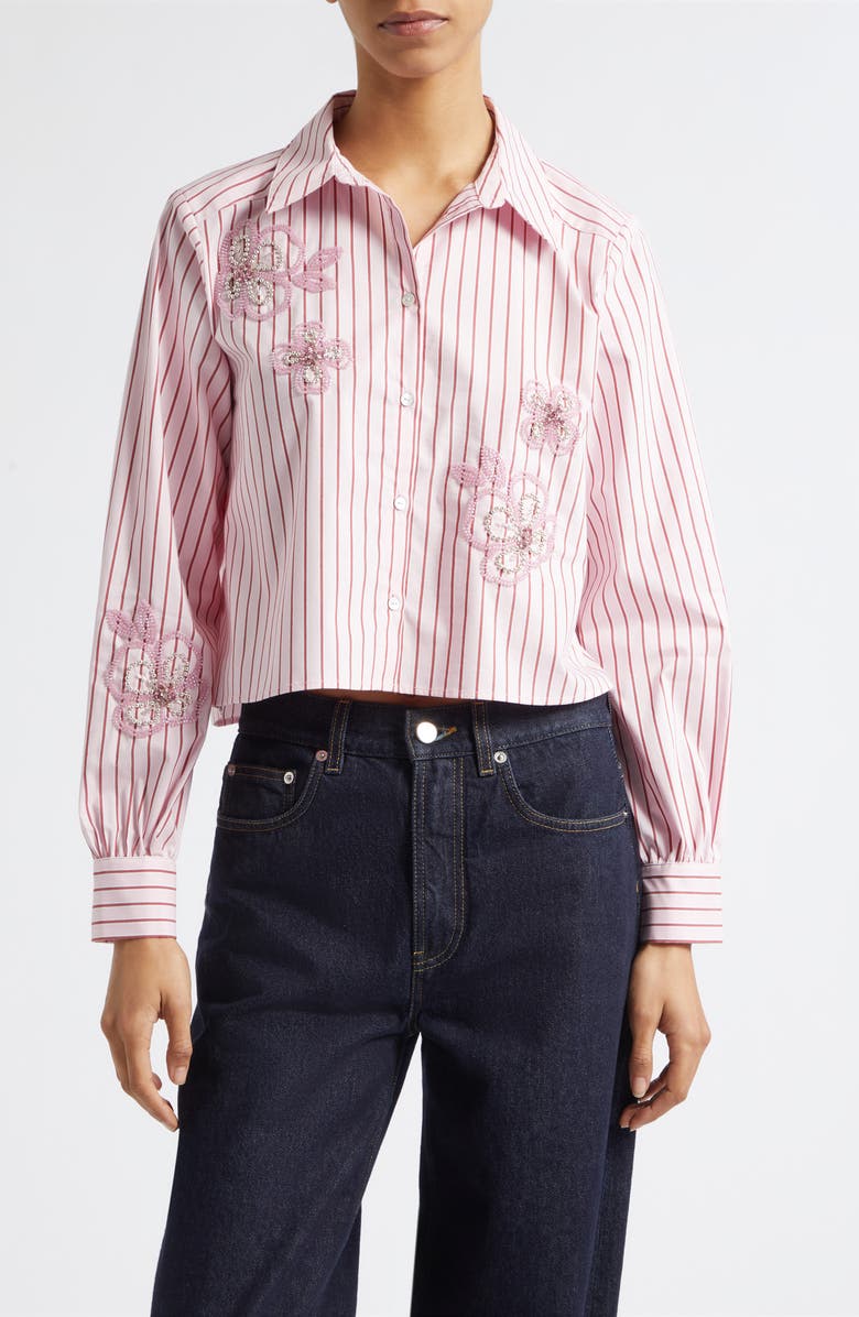 Cinq à Sept Rose Stripe Beaded Flower Button-Up Shirt, Main, color, Cotton Candy/ Crimson Plum
