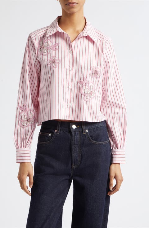 Rose Stripe Beaded Flower Button-Up Shirt