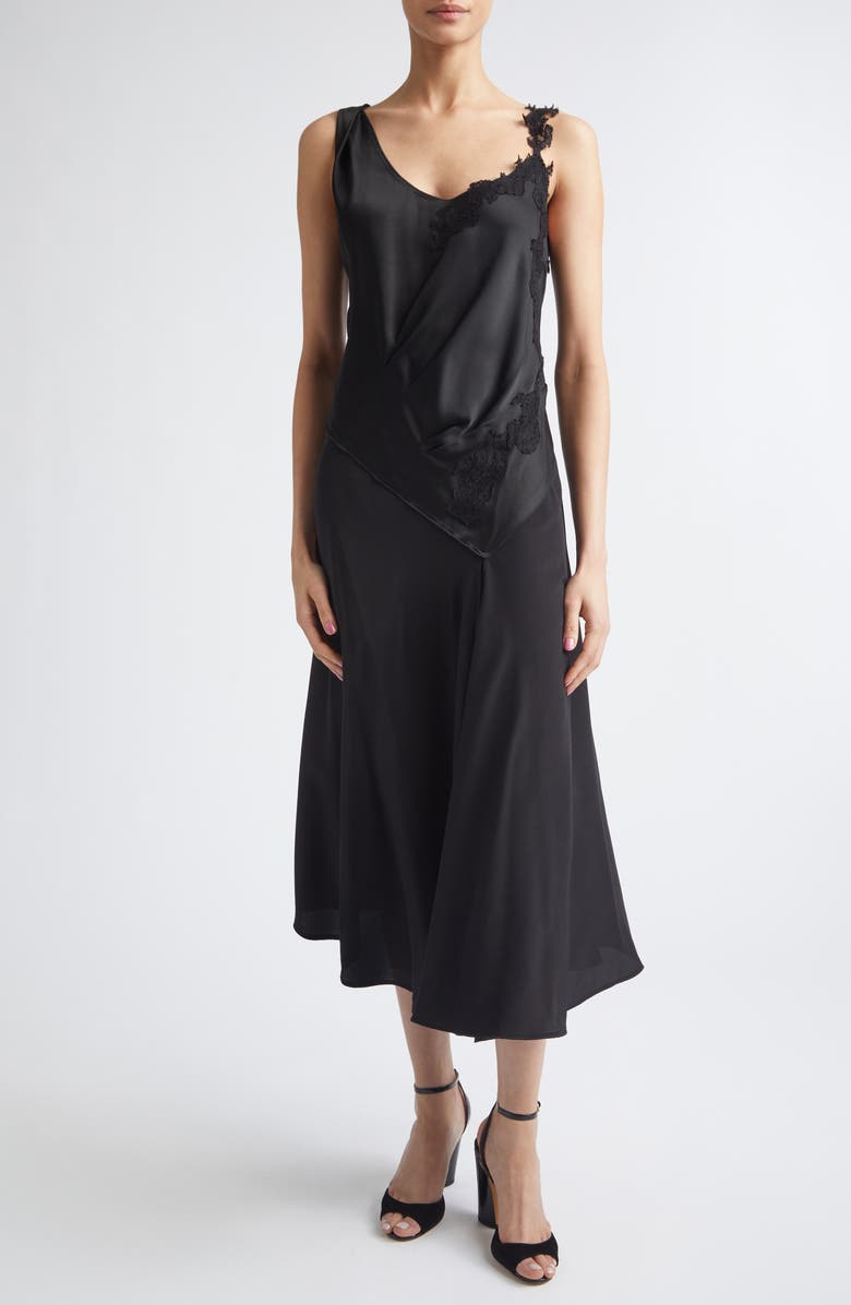 Victoria Beckham Asymmeytic Lace Strap Crepe Back Satin Dress, Main, color, Black