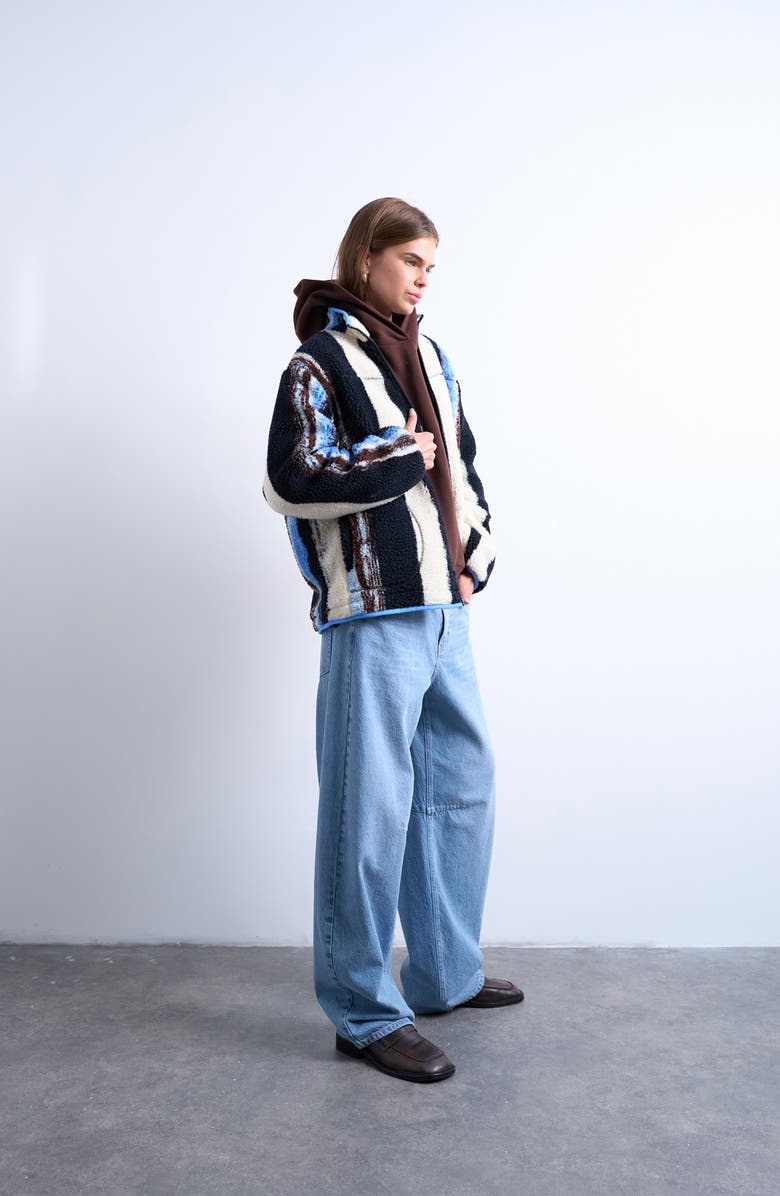 Topshop Stripe Faux Shearling Jacket, Alternate, color, White