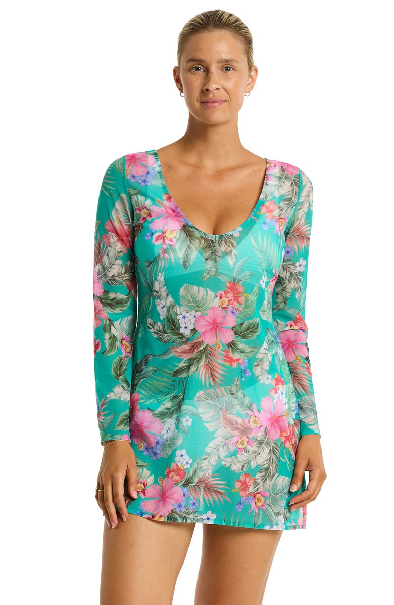 Sea Level Pacificao Floral Mesh Cover-Up Dress, Alternate, color, Evergreen