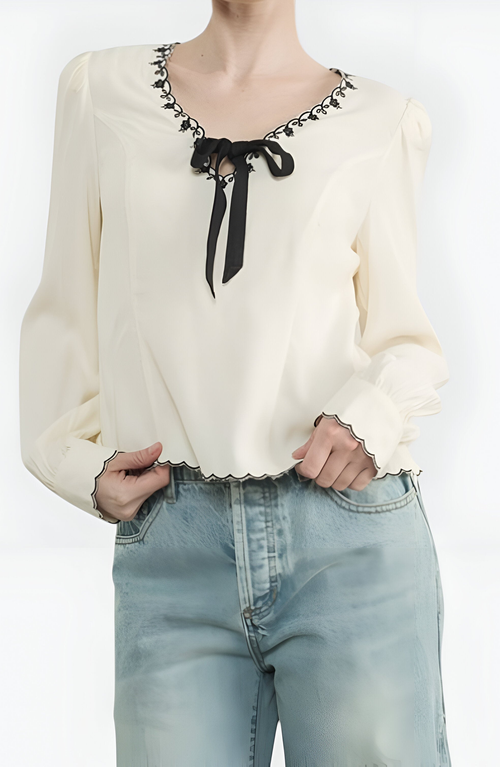 Modenaire Embroidered Blouse With Velvet Bow In White