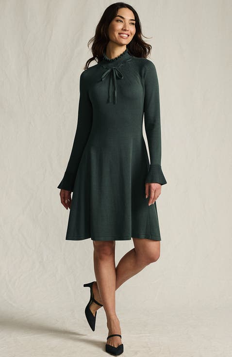 Fine Gauge Cotton Fit and Flare Sweater Dress