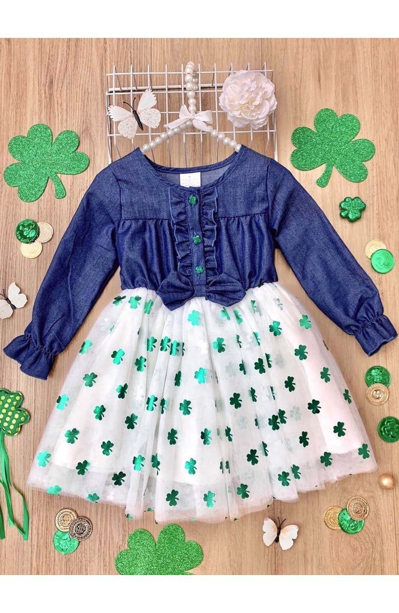 Mia Belle Girls Lucky Chambray Shimmer Clover Dress, Alternate, color, White