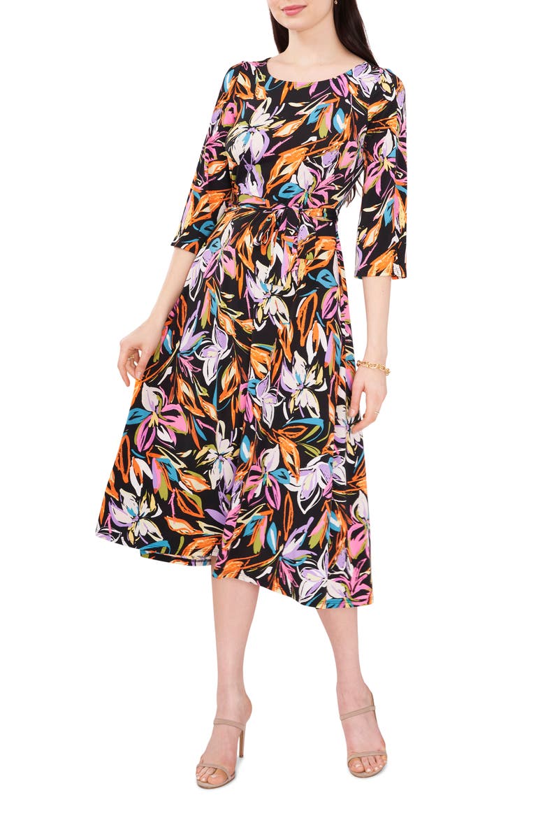 Floral Tie Waist A-Line Dress, Main, color, BLACK PASTEL