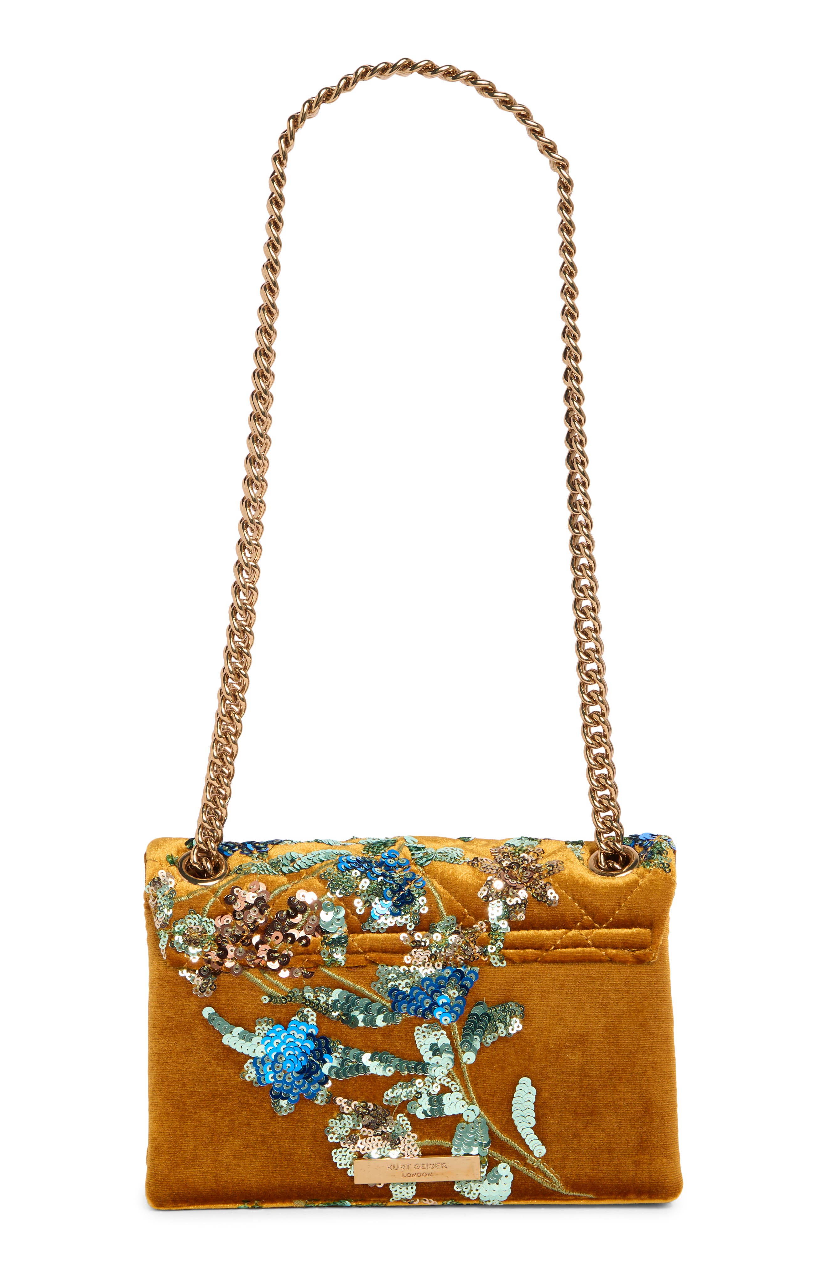 Kurt Geiger London Mini Kensington Sequin Flower Velvet Crossbody Bag, Alternate, color, Mustard