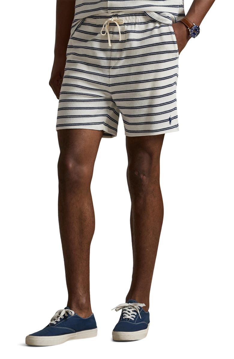 Polo Ralph Lauren Pointelle Rib 6-Inch Shorts, Main, color, Pale Cream/ Newport Navy