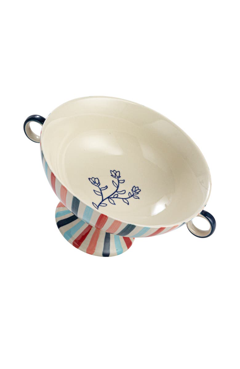 Storied Home Hand-Painted Stoneware Footed Bowl with Handles and Stripes, Main, color, 