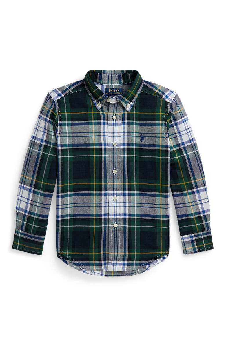 Kids' Plaid Cotton Oxford Button-Down Shirt, Main, color, WHITE GREEN MULTI