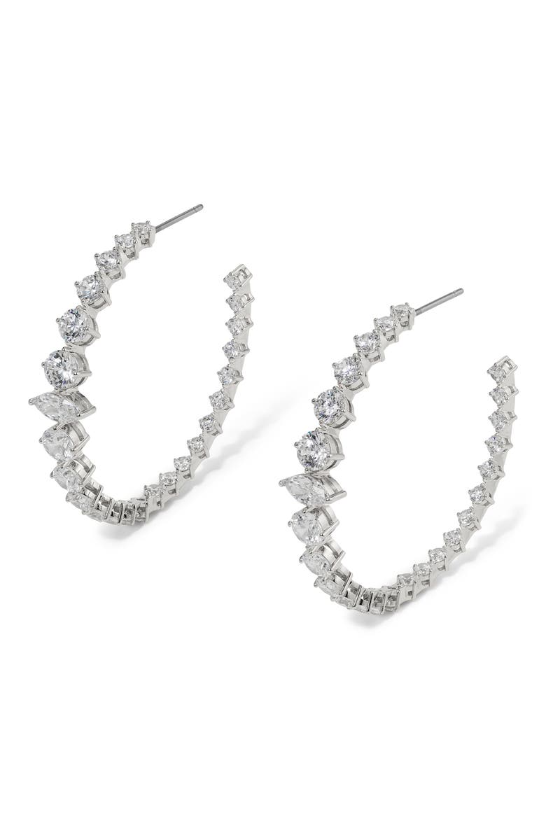 Graduated Cubic Zirconia Inside Out Hoop Earrings, Alternate, color, RHODIUM