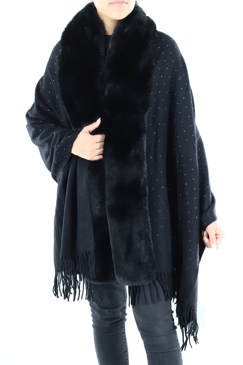 Embellished Wrap with Faux Fur, Alternate, color, Black