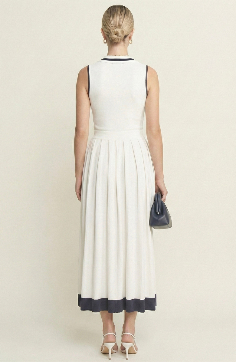 Modenaire Sleeveless Knit Midi Dress with Contrast Collar and Hem Detail, Alternate, color, White