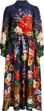 Elie Tahari The Melina Sahara Desert Print Long Sleeve Stretch Silk Shirtdress