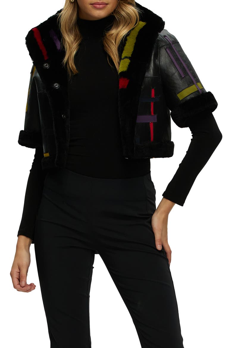 Reversible Genuine Shearling Intarsia Bolero with Cropped Sleeves, Alternate, color, BLACK/MULTI INTARSIA