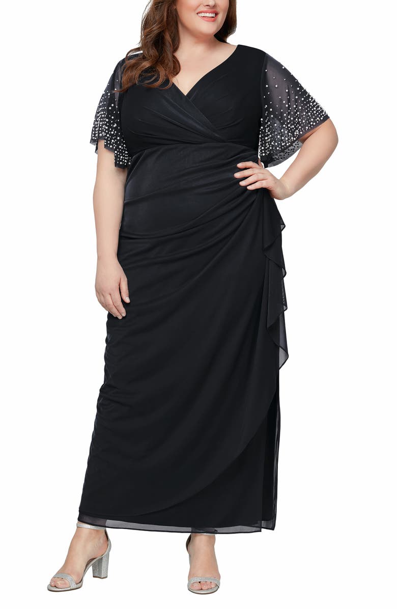 Alex Evenings Rhinestone Sleeve Chiffon Gown, Main, color, Black