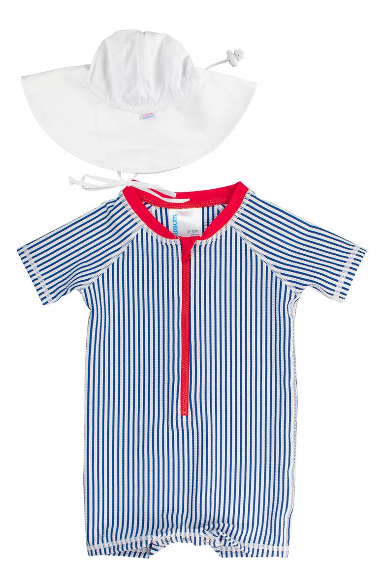 RuggedButts Blue Seersucker One-Piece Rashguard Swimsuit & Hat Set, Main, color, 