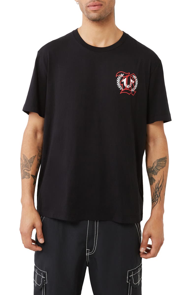 True Religion Relaxed Fit World Tour Logo Graphic T-Shirt, Main, color, Jet Black