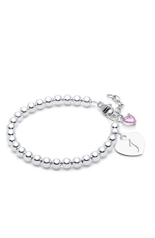 Tiny Blessings Sterling Silver 4mm Beads & Engraved Initial 6.25" Bracelet In Metallic