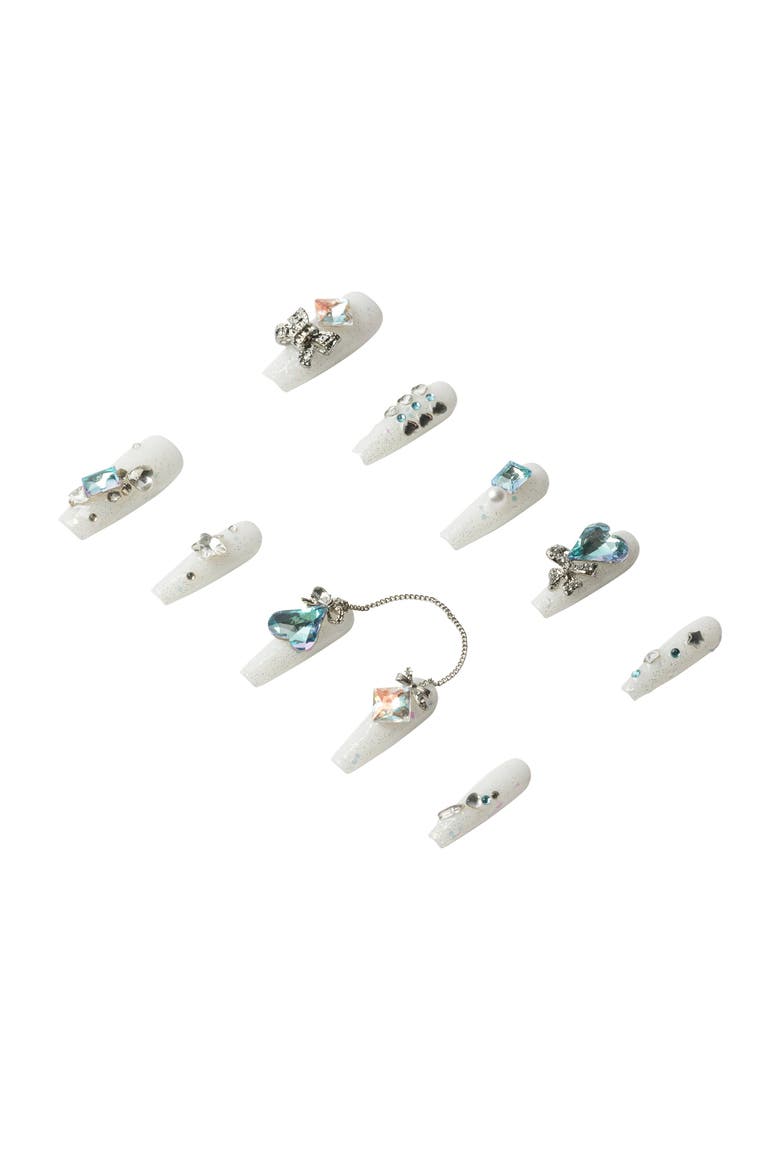 Crystal Blue Glam Luxury Handmade Press On Nails, Alternate, color, White, Teal
