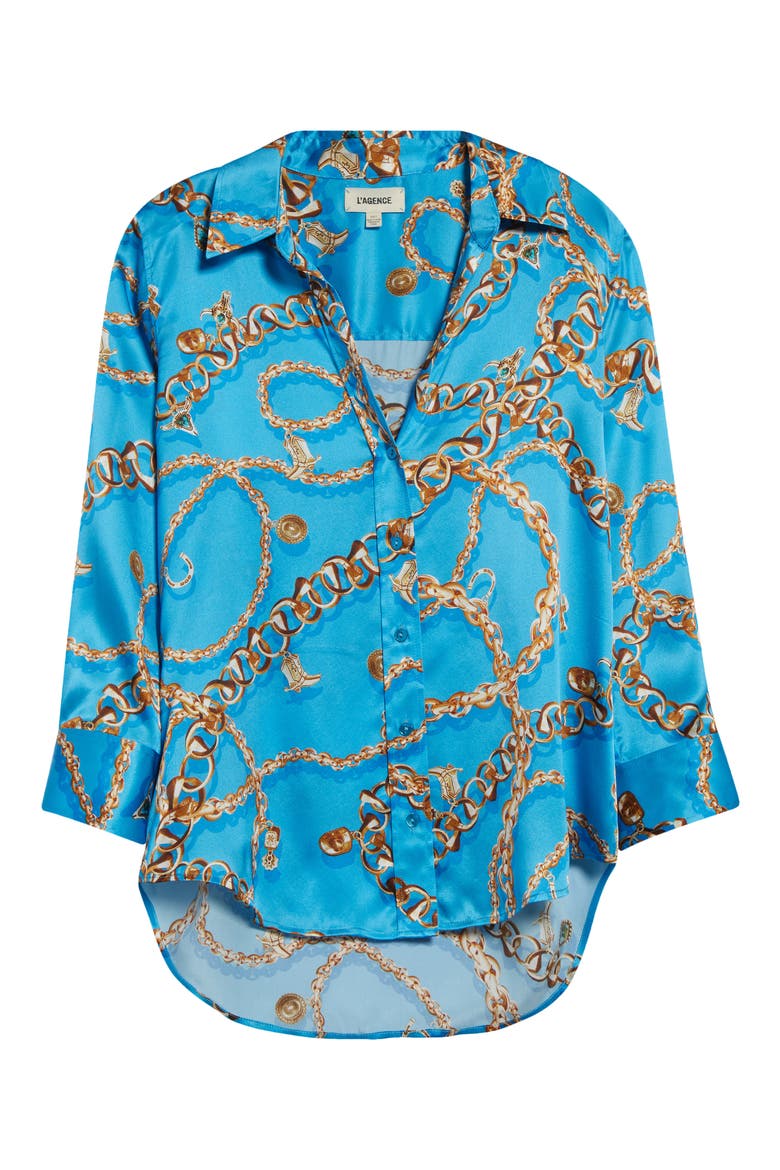 Dani Chain Print Three-Quarter Sleeve Silk Button-Up Shirt, Alternate, color, DRESDEN BLUE/ GOLD CHAIN