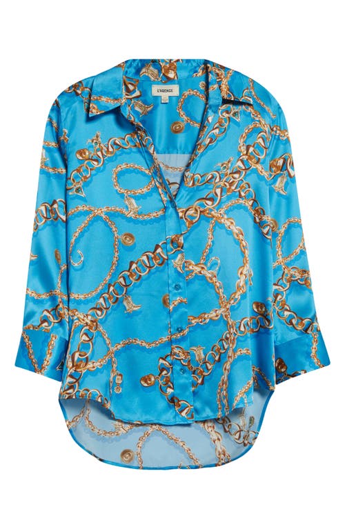 L Agence L'agence Dani Chain Print Three-quarter Sleeve Silk Button-up Shirt In Blue