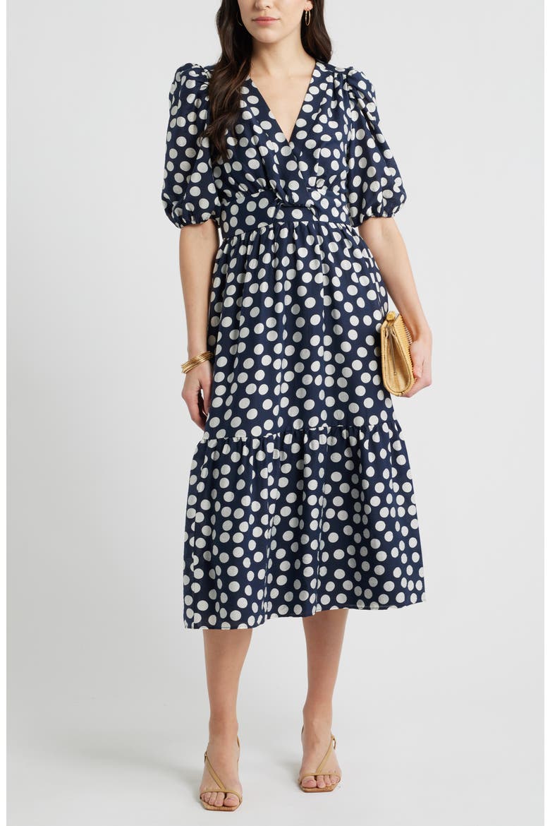 Twist Detail Allover Print Midi Dress, Main, color, NAVY- IVORY ANNIE DOT