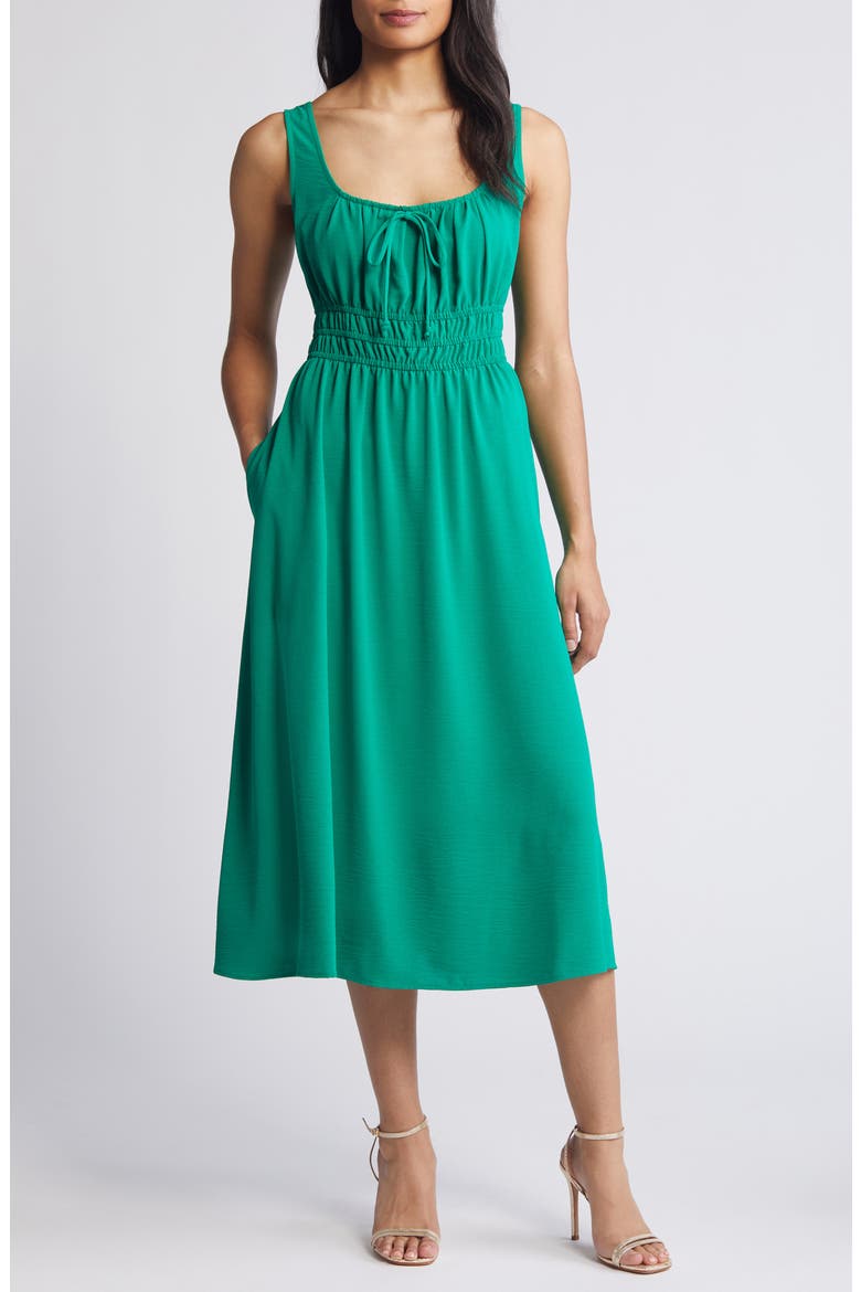 Shirred Waist Midi Dress, Main, color, GREEN