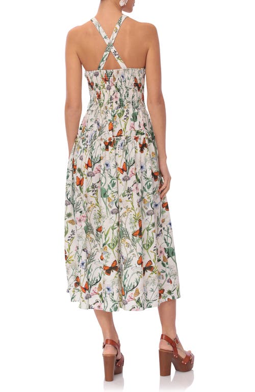 Avec Les Filles Floral Smocked Bodice Linen Blend Midi Dress In Butterfly Floral