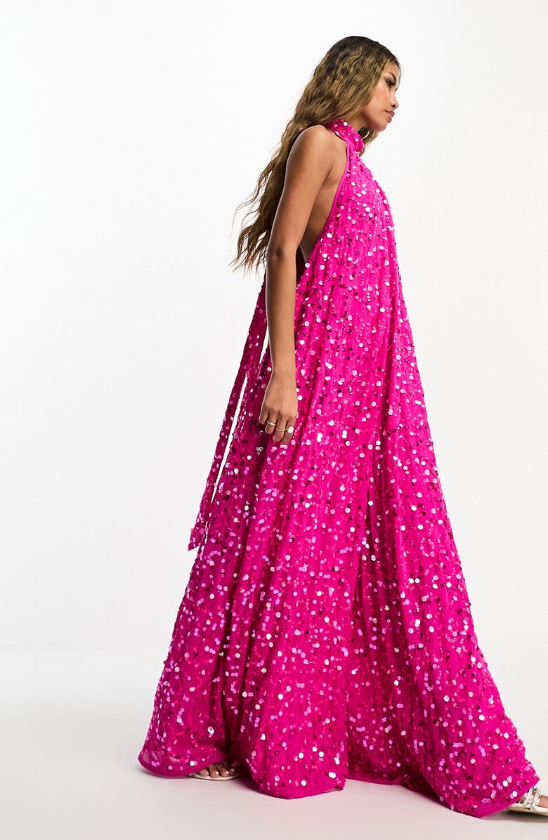 ASOS DESIGN Sequin Halter Neck Open Back Wide Leg Jumpsuit, Alternate, color, 