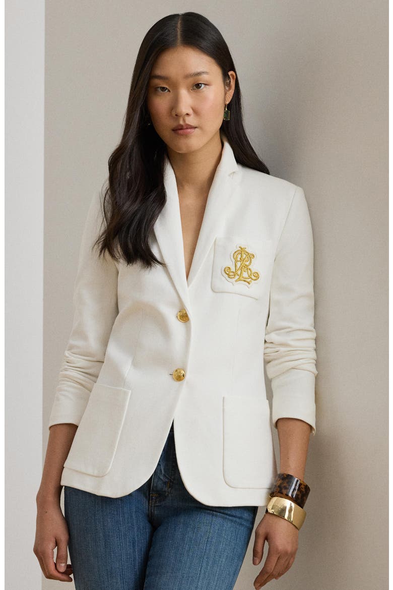 Bullion Jacquard Logo Patch Cotton Blend Blazer, Alternate, color, WHITE