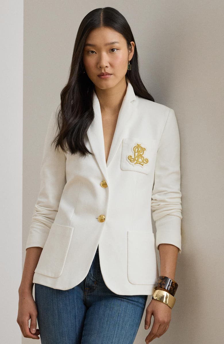 Lauren Ralph Lauren Bullion Jacquard Logo Patch Cotton Blend Blazer, Alternate, color, White