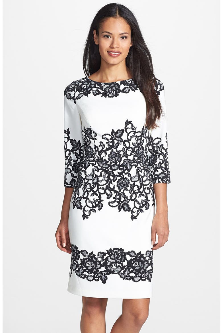 Placed Print Sheath Dress, Main, color, IVORY/ BLACK