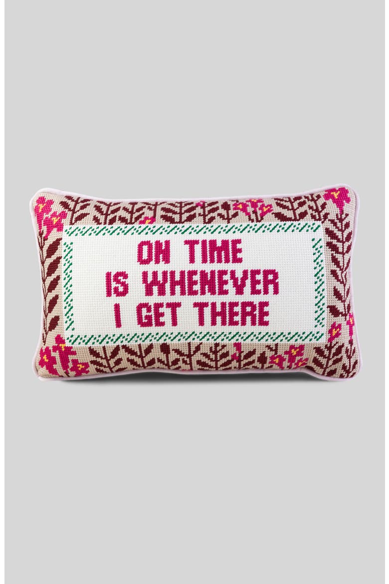 On Time Needlepoint Pillow, Main, color, Red, Beige, Ivory, Green