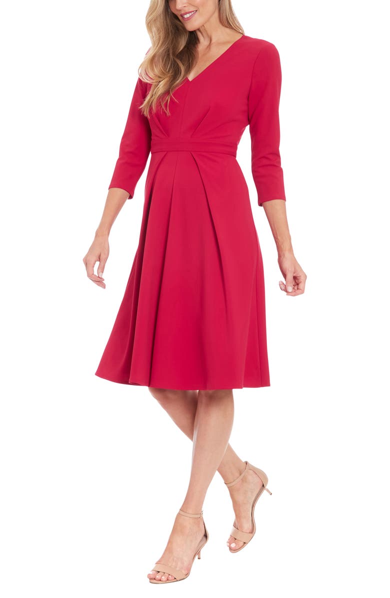 London Times V-Neck Long Sleeve Crepe Midi Dress, Alternate, color, Sangria