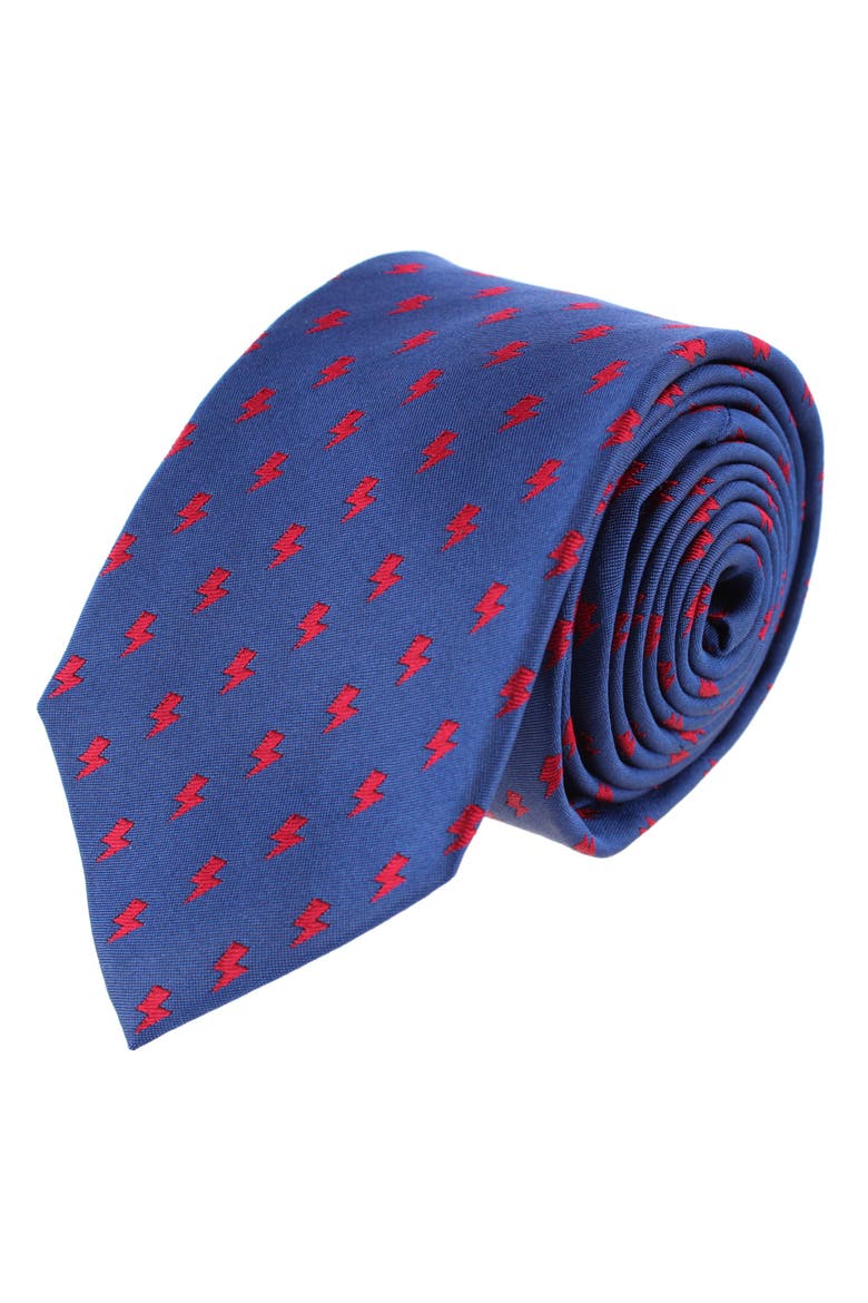 Zesus Striking Lightning Novelty Silk Necktie, Main, color, Navy with Red Lightning Bolts