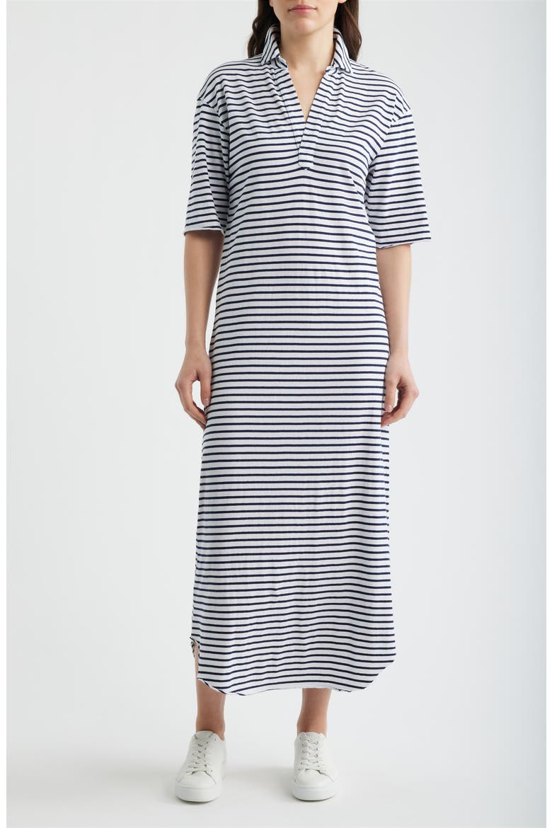 Emma Johnny Collar Maxi Dress, Main, color, WHITE AND NAVY STRIPE