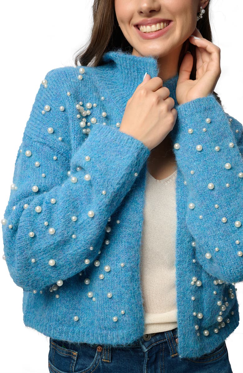 SAACHI Faux Pearl Bead Open Front Cardigan, Alternate, color, Blue